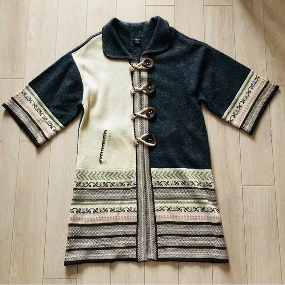 Tribal Wool Blend Jacquard Knitted Jacket in Grey & Cream Size L - Picture 1 of 15